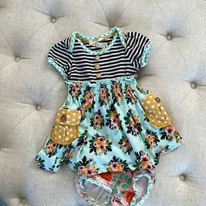 Matilda Jane Floral and Striped Dress and Diaper Cover Size 6-12 Mo